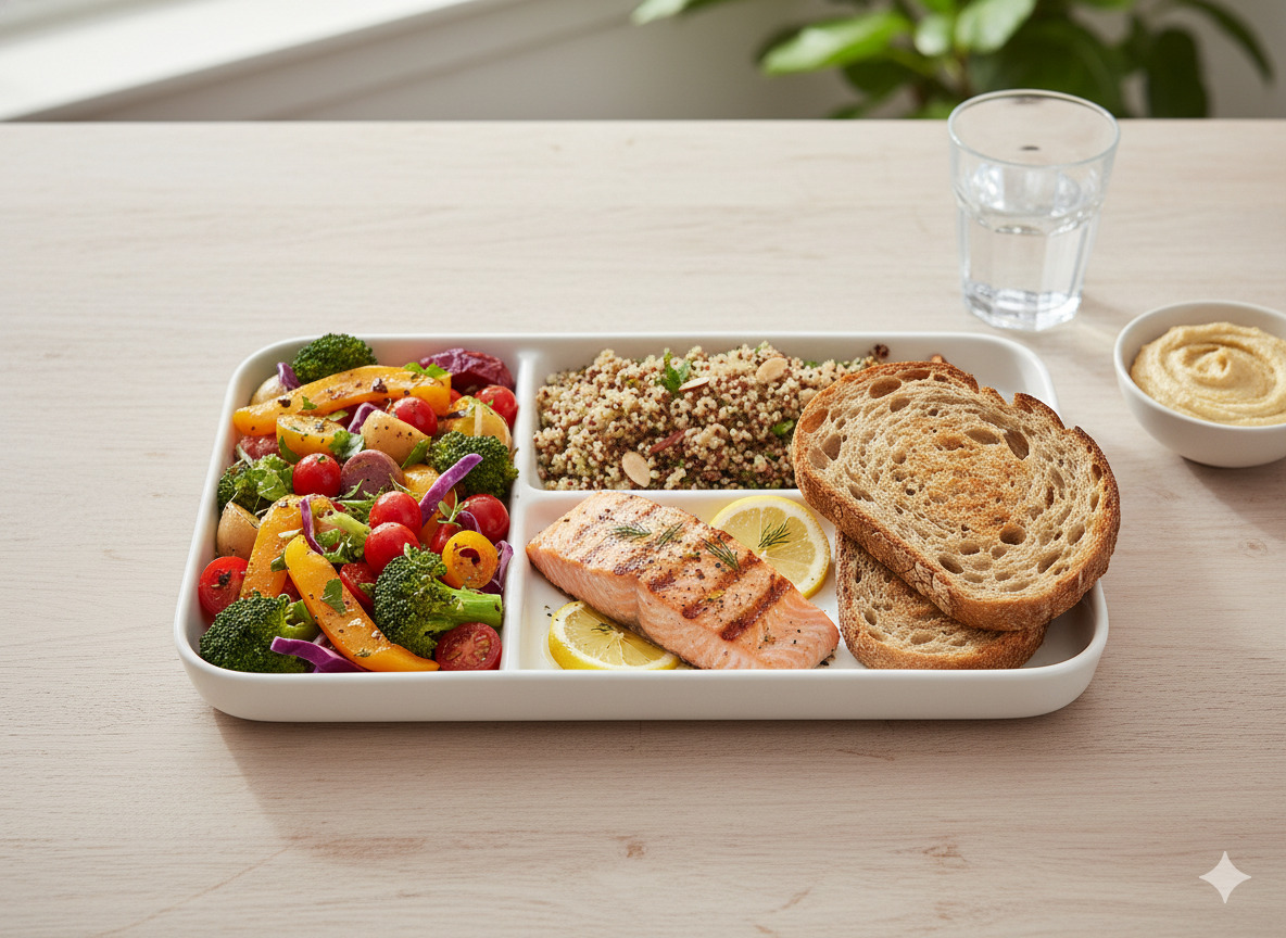 Kolmessa lohkossa kasviksia, proteiinin lähde ja täysjyvä annosvaalealla pöydällä